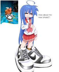 1girl bird blue_hair blush_stickers chicken izumi_konata lucky_star mole mole_under_eye photo-referenced