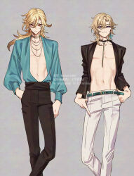 2boys aqua_belt artist_name aventurine_(honkai:_star_rail) belt_buckle black_choker black_jacket black_pants blonde_hair blue_eyes blue_shirt buckle center_opening choker closed_mouth collarbone commentary_request crossed_bangs earrings genshin_impact gold_necklace grey_background hair_between_eyes hand_in_pocket highres honkai:_star_rail honkai_(series) jacket jewelry kaveh_(genshin_impact) long_hair long_sleeves looking_at_viewer male_focus medium_hair mihoyo multicolored_eyes multiple_boys navel neck_ribbon necklace ojo_aa open_clothes open_jacket pants parted_bangs pectoral_cleavage pectorals puffy_long_sleeves puffy_sleeves purple_eyes red_eyes ribbon serious shirt simple_background single_earring standing stomach thumb_in_pocket twitter_username v-shaped_eyebrows watermark white_pants