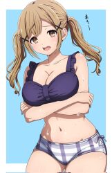 1girl bang_dream! bikini border breasts brown_hair cleavage commentary corrupted_twitter_file crossed_arms hair_ornament highres ichigaya_arisa large_breasts long_hair looking_at_viewer navel noshimurin open_mouth outside_border solo swimsuit teeth twintails upper_teeth_only white_border x_hair_ornament