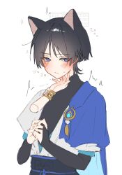 Rule 34 | 1boy, absurdres, animal ears, belt, black belt, black bow, black bridal gauntlets, black hair, blue cape, blue gemstone, blue kimono, blue sleeves, blunt ends, blush, bow, bracelet, bridal gauntlets, cape, cat ears, closed mouth, curled fingers, disembodied hand, feathers, gem, genshin impact, gold, hand on another&#039;s chin, highres, japanese clothes, jewelry, juban, kimono, layered sleeves, looking down, male focus, nahida (genshin impact), nero hanken, open clothes, open kimono, own hands together, pom pom (clothes), purple eyes, purple sash, sash, scaramouche (genshin impact), short sleeves, sweat, tsurime, twitching, upper body, wanderer (genshin impact), wavy mouth, white background, white kimono, white sleeves, yellow feathers