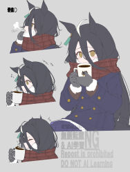 1girl absurdres animal_ears black_gloves black_hair blue_coat breath coat coffee_mug cup ear_tag earrings frilled_skirt frills gloves grey_background hair_between_eyes highres holding holding_cup horse_ears horse_girl horse_tail jewelry legion_(fox3498) long_hair long_hair_between_eyes long_sleeves manhattan_cafe_(umamusume) motion_lines mug multicolored_hair pantyhose plaid_clothes plaid_scarf purple_pantyhose purple_skirt red_scarf scarf simple_background single_earring skirt solo surprised tail twitter_username umamusume very_long_hair watermark white_hair winter_clothes yellow_eyes