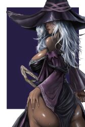 Rule 34 | 1girl, alternate skin color, bare shoulders, bbestkiki, breasts, dark-skinned female, dark skin, dress, elden ring, elden ring nightreign, hat, hat over eyes, highres, large hat, long hair, purple hat, purple sleeves, recluse (elden ring), simple background, solo, sweat, white hair, witch, witch hat