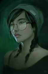 Rule 34 | beanie, black eyes, black hair, braid, cropped torso, dokkaebi (rainbow six siege), glasses, hat, highres, multicolored hair, non-web source, off shoulder, rainbow six siege, realistic, streaked hair, tb choi12, twin braids, two-tone hair, upper body