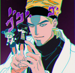 Rule 34 | 1boy, beehive hairdo, chromatic aberration, earrings, facial tattoo, finger puppet, headband, jewelry, jojo no kimyou na bouken, kuujou jolyne, kuujou joutarou, male focus, menacing (jojo), puppet, solo, stardust crusaders, tattoo, terence t. d&#039;arby, time paradox, turtleneck, user dapv2434