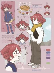 Rule 34 | 1girl, ahoge, alternate costume, arrow (symbol), ayuuu65, beamed eighth notes, blue shirt, blue skirt, blush, boots, bread, brown pants, casual, closed eyes, closed mouth, demon horns, demon tail, detached sleeves, drill hair, eighth note, english text, fanny pack, food, grin, hand in pocket, holding, holding food, holding phone, horns, jacket, kasane teto, kasane teto (sv), kasane teto (utau), long sleeves, looking at viewer, multiple views, musical note, notice lines, open mouth, pants, phone, pie, red eyes, red hair, scarf, shirt, shoes, short hair, sidelocks, skirt, sleeveless, sleeveless shirt, smile, sneakers, sushi, synthesizer v, tail, thigh boots, twin drills, twitter username, utau, white jacket, white shoes, wi-fi symbol, wings