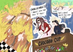 absurdres adjusting_eyewear aerith_gainsborough announcer armor bangle bird blonde_hair blue_shirt bracelet braid braided_ponytail breasts brown_gloves brown_hair chocobo choker cleavage cloud_strife creature cropped_jacket dress english_text final_fantasy final_fantasy_vii final_fantasy_vii_rebirth final_fantasy_vii_remake furrowed_brow gloves hair_ribbon highres holding holding_microphone_stand jacket jewelry long_hair medium_breasts microphone_stand moogle open_mouth parted_bangs pink_dress pink_ribbon racing red_jacket ribbon ribbon_choker sabotender shirt short_hair short_sleeves shoulder_armor sidelocks single_braid single_shoulder_pad sitting sleeveless sleeveless_turtleneck sodacure21 speech_bubble spiked_hair sunglasses suspenders sweatdrop trophy turtleneck