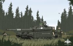 Rule 34 | 1other, 2661789381, 2girls, absurdres, aircraft, attack helicopter, balaclava, body armor, cannon, caterpillar tracks, cross, forest, helicopter, helmet, highres, kalashnikov rifle, kamov ka-52, military combat uniform, military uniform, military vehicle, motor vehicle, multiple girls, nature, original, orthodox cross, reactive armor, russian ground forces, t-90, tank, tank turret, tree, vehicle focus