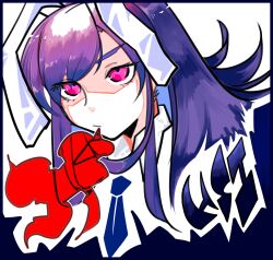 1girl absurdres animal_ears blue_necktie breath_weapon breathing_fire character_name closed_mouth commentary_request cookie_(touhou) fire highres hisui_(cookie) long_hair looking_afar necktie nukazuke_(nukanukadukeduk) pink_hair purple_hair rabbit_ears rabbit_girl reisen_udongein_inaba shaded_face solo swept_bangs touhou upper_body