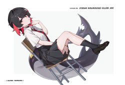 1girl ascot azusa_hina black_hair black_skirt blush breasts candy chair character_name closed_mouth ellen_joe ellen_joe_(on_campus) fins fish_tail food hair_between_eyes hair_ornament highres lollipop lollipop_in_mouth looking_at_viewer medium_breasts official_alternate_costume on_chair red_ascot red_eyes school_uniform shark_girl shark_tail shirt short_hair short_sleeves simple_background sitting skirt tail white_background white_shirt zenless_zone_zero
