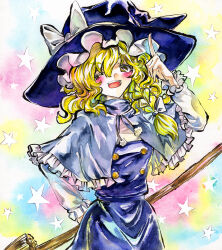 Rule 34 | 1girl, black dress, black hat, blonde hair, blush, bow, braid, broom, dress, hair bow, hair over shoulder, hat, hat bow, highres, holding, holding broom, kabaji, kirisame marisa, long hair, looking at viewer, one eye closed, open mouth, pointing, pointing up, shikishi, side braid, single braid, solo, star (symbol), star symbol background, teeth, touhou, traditional media, upper teeth only, white bow, witch, witch hat, yellow eyes
