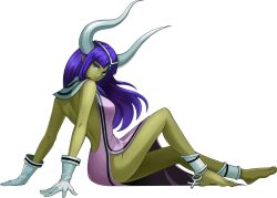 1girl anklet arm_support backless_outfit barefoot blue_eyes blue_hair circlet colored_skin demon_(megami_tensei) full_body game_cg gloves green_skin hathor_(megami_tensei) highres horns jewelry long_hair looking_at_viewer non-web_source official_art pointy_ears shin_megami_tensei shin_megami_tensei:_if... shin_megami_tensei:_liberation_dx2 sitting solo transparent_background venus_symbol white_gloves