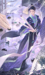 1boy absurdres architecture bamboo_slips bare_tree bead_necklace beads black_hair black_hanfu black_robe board_game bridge building chinese_clothes chinese_commentary chinese_text closed_mouth commission curtained_hair east_asian_architecture frown full_body go_(board_game) hair_bun hanfu highres holding holding_go_stone holding_scroll jewelry leaf long_sleeves looking_at_object looking_to_the_side male_focus mini_person miniboy multicolored_robe multiple_necklaces neck_tassel necklace original out_of_frame pathologicaldiagnosis plant purple_eyes purple_robe robe scroll seal_impression shelf side_part single_hair_bun size_difference smoke solo_focus standing topknot tree vines watermark weibo_watermark wide_sleeves xiao_guan_(headdress) yaopei zhijupao