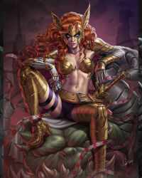 1girl angela_(marvel) armored_boots boots breasts brown_hair douglas_bicalho high_heel_boots high_heels highres long_hair looking_at_viewer marvel metal_bra monster navel signature sitting small_breasts solo thigh_boots