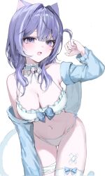 1girl animal_ears bare_shoulders bikini breasts character_request choker cleavage copyright_request fang highres large_breasts long_hair navel purple_hair s_im7u simple_background swimsuit tagme white_background