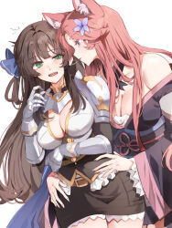 2girls absurdres animal_ears blowing_in_ear blue_cape blue_eyes blush brown_hair cape ceri_(sakura_dungeon) commission commissioner_upload fox_ears fox_tail highres japanese_clothes kimono multiple_girls non-web_source pink_hair sakura_dungeon sarukana surprised tail trembling yomi_(sakura_dungeon) yuri