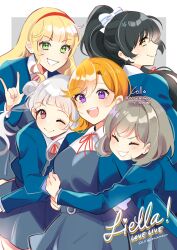 5girls ^_^ arashi_chisato artist_name black_hair blazer blonde_hair blue_jacket blush bow breasts brown_eyes closed_eyes coll_(erichankun) dated_commentary double_bun dress english_text everyone floating_hair grey_dress grey_hair hair_behind_ear hair_bun hairband hazuki_ren heanna_sumire hug jacket long_hair love_live! love_live!_superstar!! m/ medium_breasts medium_hair multiple_girls one_eye_closed orange_hair pinafore_dress pink_eyes ponytail purple_eyes red_hairband school_uniform shibuya_kanon short_hair sleeveless sleeveless_dress smile striped_bow tang_keke twintails twitter_username white_bow yuigaoka_school_uniform
