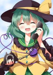 Rule 34 | 1girl, :d, antique phone, black hat, blush, buttons, closed eyes, collared shirt, commentary, contrast collar, corded phone, cowboy shot, diamond button, facing viewer, frilled shirt collar, frilled sleeves, frills, green hair, green skirt, hat, hat ribbon, heart, heart of string, highres, holding, holding phone, komeiji koishi, long sleeves, open mouth, phone, ribbon, rotary phone, ruu (tksymkw), shirt, short hair, skirt, smile, solo, third eye, touhou, wide sleeves, yellow ribbon, yellow shirt