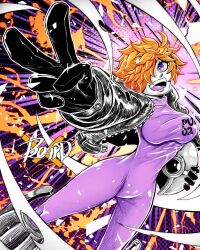 1girl beard_(artist) black_jacket blonde_hair bodysuit bodysuit_under_clothes breasts cameltoe curvy hair_over_one_eye jacket large_breasts looking_at_viewer one_piece open_clothes open_jacket open_mouth pink_bodysuit shiny_clothes shiny_skin short_hair skin_tight smile v vegapunk_lilith wide_hips