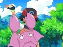 1boy animated animated_gif ash_ketchum baseball_cap black_hair closed_eyes cloud forest gen_2_pokemon gligar hat jumping lowres mountain nature nintendo pokemon pokemon_(anime) pokemon_(creature) short_hair sky