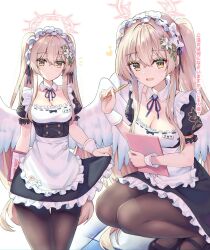 1girl alternate_costume alternate_hairstyle angel_wings apron armband black_pantyhose blonde_hair blue_archive breasts cleavage commentary detached_collar dress enmaided feathered_wings flower frilled_apron frilled_armband frilled_skirt frills hair_between_eyes hair_flower hair_ornament halo highres long_hair looking_at_viewer maid maid_apron maid_headdress medium_breasts multiple_views nagisa_(blue_archive) natie open_mouth pantyhose short_sleeves sidelocks skirt skirt_hold smile squatting twintails very_long_hair white_wings white_wrist_cuffs wings wrist_cuffs yellow_eyes