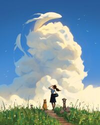 1girl animal arm_up bag bird blue_bag blue_skirt blue_sky brown_hair brown_pantyhose cloud cloud_focus cloudy_sky commentary cumulonimbus_cloud day dog duffel_bag english_commentary floating_hair from_behind full_body grass hand_in_own_hair highres hill long_hair medium_skirt original outdoors pantyhose ponytail profile sam_yang scenery shirt skirt sky sleeves_rolled_up solo stairs whale white_bird white_shirt wide_shot wind