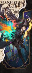 1girl ahoge animal_ears black_gloves black_hair black_pantyhose black_petticoat black_skirt blazer closed_mouth collared_shirt daniel_deng ear_ornament ear_tag gloves hair_between_eyes highres horse_ears horse_girl jacket long_bangs long_hair long_sleeves manhattan_cafe_(umamusume) multicolored_hair necktie pantyhose petticoat pleated_skirt shirt shoes skirt solo umamusume white_hair white_shirt yellow_eyes yellow_necktie