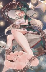1girl barefoot blonde_hair blush breasts cleavage cup feet hat highres large_hat long_hair looking_at_viewer open_mouth red_eyes rryiup soles steam teacup toes witch_hat