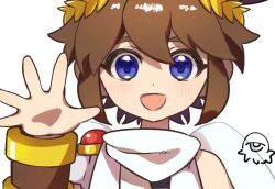 Rule 34 | 1boy, ahoge, androgynous, angel, blue eyes, bracer, brown hair, collarbone, doodle inset, hair between eyes, hand up, highres, kid icarus, kid icarus uprising, ko iwari ngo, laurel crown, light blush, male focus, monoeye, nintendo, open mouth, pit (kid icarus), scarf, short hair, sidelocks, single bare shoulder, smile, thick eyelashes, waffuum, waving, white background, white scarf