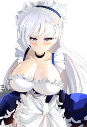 1girl apron azur_lane bare_shoulders belfast_(azur_lane) blush braid breasts chain cleavage collar collarbone dress frills gloves highres kuriyafu large_breasts long_hair looking_at_viewer maid maid_headdress pointy_breasts purple_eyes sagging_breasts smile solo white_background white_gloves white_hair