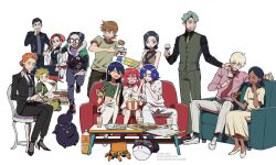 6+boys 6+girls amate_yuzuriha annqi aqua_hair beard black_hair black_pants black_suit blonde_hair blue_couch blue_hair brown_hair challia_bull char_aznable cheek_pinching closed_eyes comoli_harcourt conch_(gundam) couch cup dark-skinned_female dark_skin dress drinking eating facial_hair food formal_clothes full_body grey_pants grey_vest gundam gundam_gquuuuuux haro haruki_chise highres holding holding_cup holding_food holding_pizza jezzi kaine_(gundam) kycilia_zabi lalah_sune long_hair multiple_boys multiple_girls mustache nabu_(gundam) nyaan_(gundam_gquuuuuux) orange_hair overalls pants pinching pizza pizza_box popcorn red_gundam red_hair rx-78-2_gundam shiiko_sugai shirouzu_(gundam) shirt short_hair shuji_ito simple_background sitting standing suit vest white_background white_overalls white_pants white_shirt xavier_olivette yellow_dress