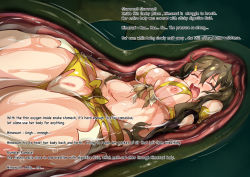 1girl arniro111 bikini blush breasts brown_hair censored closed_eyes crying crying_with_eyes_closed digesting_girl digestion dying green_background hair_ornament hairclip helpless highres imminent_death large_breasts navel nipples peril pussy shinomiya_himawari simple_background snake swimsuit tears vividred_operation vore yellow_bikini