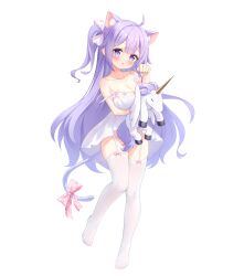 absurdres animal_ears azur_lane bow breasts cat_ears cat_girl cat_tail dress highres kemonomimi_mode large_breasts long_hair no_shoes one_side_up open_mouth paw_pose pink_bow polka_dot polka_dot_bow purple_eyes purple_hair qian_hen tail tail_bow tail_ornament thighhighs toes unicorn_(azur_lane) very_long_hair white_dress white_thighhighs