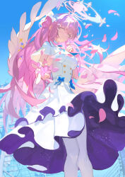 1girl absurdres blue_archive blue_bow blue_flower bow capelet dress feathered_wings flower from_below hair_bun hair_flower hair_ornament highres holding holding_petal jiazhai looking_at_viewer mika_(blue_archive) pantyhose petals pink_hair pink_petals scrunchie single_side_bun smile solo white_capelet white_dress white_pantyhose white_scrunchie wings yellow_eyes