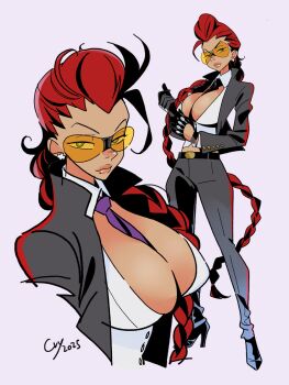 Rule 34 | 1girl, between breasts, black gloves, black jacket, black pants, boots, braid, braided ponytail, breasts, buttoned cuffs, buttons, capcom, cleavage, commission, crimson viper, cross, cross earrings, cryosleep, dark-skinned female, dark skin, earrings, formal clothes, glasses, gloves, green eyes, high collar, high heel boots, high heels, huge breasts, jacket, jewelry, lips, long hair, long sleeves, looking at viewer, mature female, midriff, necktie, necktie between breasts, pants, pompadour, ponytail, red hair, skeb commission, street fighter, street fighter iv (series), suit, suit jacket, tinted eyewear, very long hair, white background