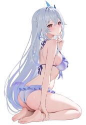 1girl absurdres alternate_costume ass barefoot bikini breasts comiket_106 from_behind full_body genshin_impact grey_hair highres long_hair looking_at_viewer looking_back medium_breasts parted_lips purple_bikini red_eyes rrr_gns_(riuriu_1212) seiza simple_background sitting skirk_(genshin_impact) soles solo swimsuit wet white_background