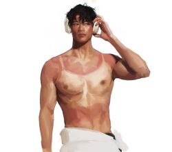 Rule 34 | 1boy, abs, black eyes, black hair, character request, clothes around waist, cowboy shot, curtained hair, headphones, heat stroke photoshoot (meme), holding, holding headphones, jacket, jacket around waist, macaronijail, male focus, meme, nipples, omniscient reader&#039;s viewpoint, pectorals, short hair, side-eyed, solo, sunburn, tan, tanline, toned, white background