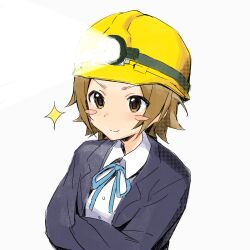 black_jacket blazer blue_ribbon blush_stickers brown_hair chinese_commentary closed_mouth collared_shirt commentary_request hard_hat helmet highres jacket k-on! neck_ribbon ribbon sakuragaoka_high_school_uniform school_uniform searchlight shaofangziran shirt short_hair simple_background smile sparkle tainaka_ritsu white_background white_shirt winter_uniform yellow_helmet