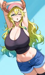 Rule 34 | 1girl, blonde hair, blue hair, blue shorts, breasts, commission, dragon girl, dragon horns, green eyes, hat, highres, horns, huge breasts, kobayashi-san chi no maidragon, long hair, lucoa (maidragon), multicolored hair, navel, one eye closed, shorts, solo, tagme, tank top, zantyarz