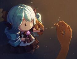 1girl black_dress blush bow candy character_doll dark-skinned_female dark_skin doll dress food green_hair gwen_(league_of_legends) hair_bow hair_ornament hairclip holding holding_candy holding_food holding_lollipop league_of_legends lollipop long_hair mian_135 needle puffy_short_sleeves puffy_sleeves sad sewing sewing_needle short_sleeves solo_focus twintails white_dress