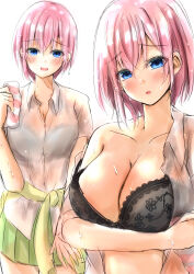 1girl arm_under_breasts ayachanman black_bra blue_eyes blush bra bra_visible_through_clothes clothes_around_waist commentary_request go-toubun_no_hanayome green_skirt green_sweater highres multiple_views nakano_ichika parted_lips pink_hair see-through_clothes shirt short_hair simple_background skirt sweater sweater_around_waist underwear wet wet_clothes wet_shirt white_background white_shirt