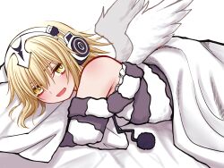1girl angel_wings bare_shoulders bed_sheet blonde_hair blush fate/grand_order fate_(series) feathered_wings headphones highres jeanne_d&#039;arc_(fate) long_hair long_sleeves looking_at_viewer lying mcpc_zamurai metatron_jeanne_(fate) metatron_jeanne_(second_ascension)_(fate) on_stomach open_mouth pillow solo wings yellow_eyes