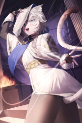 1girl absurdres ancient_greek_clothes animal_ears black_gloves blue_eyes cat_ears cat_girl cat_tail cipher_(atticus)_(honkai:_star_rail) cipher_(honkai:_star_rail) commentary_request dress fingerless_gloves gloves greco-roman_clothes grey_hair highres honkai:_star_rail honkai_(series) official_alternate_costume open_mouth short_hair_with_long_locks ske4682 solo tail thighs white_dress white_hood