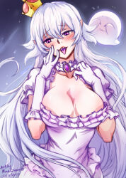 1girl blush boo_(mario) breasts cleavage colored_tongue dress frilled_dress frills ghost gloves jewelry large_breasts long_hair luigi&#039;s_mansion mario_(series) medium_breasts mina_cream new_super_mario_bros._u_deluxe nintendo princess_king_boo purple_dress purple_eyes purple_tongue sharp_teeth super_crown teeth tongue tongue_out white_gloves white_hair