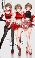 3girls absurdres ahoge artist_name belt black_pantyhose blush boots breasts brown_eyes brown_hair caracoro cleavage commentary crop_top cropped_jacket crossed_legs english_text eyelashes full_body grey_background hands_on_own_hips headset high_heels highres holding holding_microphone looking_at_viewer meiko_(vocaloid) microphone midriff multiple_girls nail_polish off_shoulder one_eye_closed open-toe_shoes open_mouth pantyhose pink_lips pleated_skirt popped_collar red_nails shiny_clothes shiny_skin short_hair shorts shorts_under_skirt skirt sleeveless smile standing standing_on_one_leg studio_microphone thigh_strap thighs toenail_polish toenails toes vocaloid white_belt