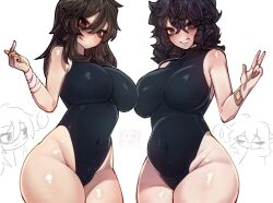 2girls bandaged_arm bandages bandaid bandaid_on_arm black_bodysuit black_eyes black_hair bodysuit breast_press breasts cat commentary curly_hair curvy dual_persona english_commentary hair_between_eyes highres large_breasts leotard medium_hair multiple_girls original plump renata11033 shig_(shigezie) simple_background thick_thighs thighs white_background