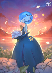 absurdres alternate_color artist_name black_dress black_gloves blue_hair bob_cut closed_eyes dress elbow_gloves field flower flower_field gardevoir gen_3_pokemon gloves highres itcho mega_gardevoir mega_pokemon nintendo ocean petals pokemon pokemon_(creature) shiny_pokemon signature smile star_(symbol) strapless strapless_dress sunset white_flower white_petals