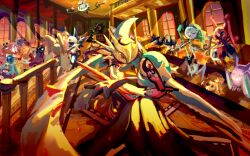 ballroom black_dress blue_hair braixen cape chandelure closed_eyes crobat dancing dress frillish frillish_(male) furry gallade gardevoir gen_1_pokemon gen_2_pokemon gen_3_pokemon gen_4_pokemon gen_5_pokemon gen_6_pokemon gengar ghost gothitelle highres joltik kricketune legendary_pokemon litwick lopunny lucario mask masquerade_mask mega_gallade mega_gardevoir mega_pokemon meloetta meloetta_(aria) misdreavus murkrow mythical_pokemon nintendo phantump pokemon pokemon_(creature) sneasel snowygold_wolf window zubat