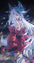 1girl angelfish aqua_gloves aqua_hat arknights ascot bare_shoulders black_ascot breasts clothing_cutout detached_sleeves dress drone_(drone_37) fish gloves grey_hair hair_between_eyes hat highres leg_ribbon long_hair long_sleeves medium_breasts off-shoulder_dress off_shoulder official_alternate_costume red_dress red_eyes red_sleeves ribbon skadi_(arknights) skadi_the_corrupting_heart_(arknights) solo tropical_fish very_long_hair white_hair