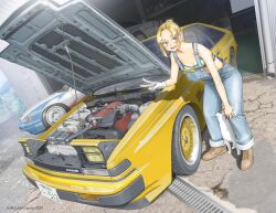 1girl 2024 bandaid bandaid_on_arm blonde_hair blue_overalls blue_pants blush breasts breasts_apart brown_shoes car commentary_request dog dutch_angle engine forehead garage green_sports_bra grey_eyes hair_bun jettoburikku leaning looking_at_viewer medium_breasts motor_vehicle nissan nissan_240rs nissan_silvia nissan_silvia_s12 nissan_silvia_s13 open_mouth original overalls pants shoes sidelocks solo sports_bra standing thick_eyebrows v