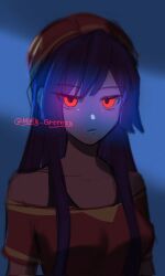 1girl blue_background blue_hair closed_mouth clothing_request collarbone commentary commentary_request corrupted_twitter_file doll_(murder_drones) english_commentary expressionless glowing glowing_eyes hat highres humanization long_hair looking_at_viewer minty_greenzy murder_drones off-shoulder_shirt off_shoulder purple_hair red_eyes red_hat red_shirt shirt short_sleeves sidelocks solo stippling_(texture) twitter_username upper_body